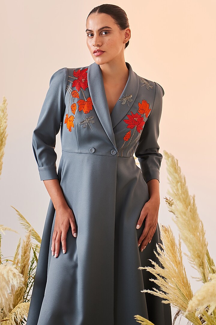 Smoke Green Embroidered Midi Cocktail Dress by Shahin Mannan at Pernia's Pop Up Shop