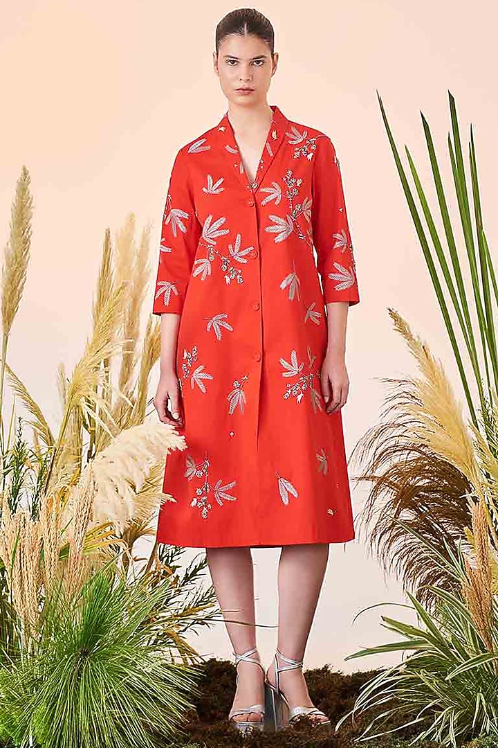 Red Embroidered Vacation Dress by Shahin Mannan at Pernia's Pop Up Shop