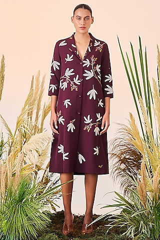 Wine Embroidered Dress by Shahin Mannan