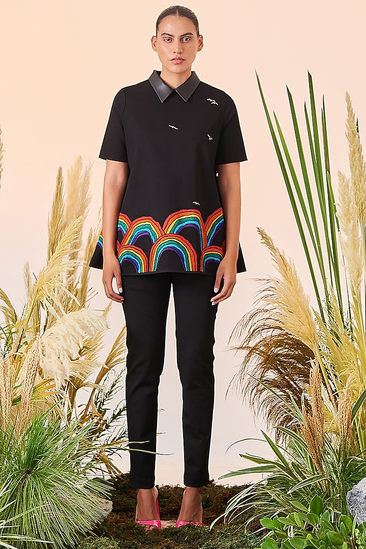 Black Denim Straight Pants Set by Shahin Mannan at Pernia's Pop Up Shop