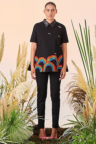 Black Denim Embroidered Top by Shahin Mannan