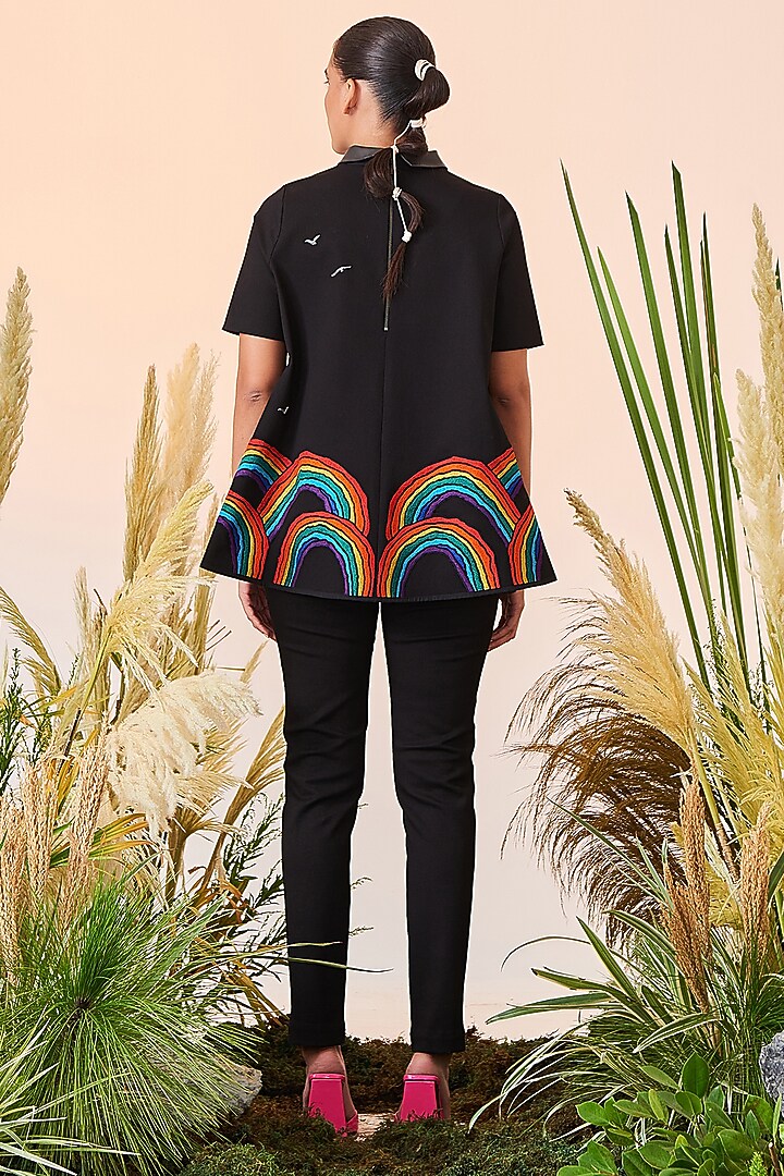 Black Denim Embroidered Top by Shahin Mannan at Pernia's Pop Up Shop