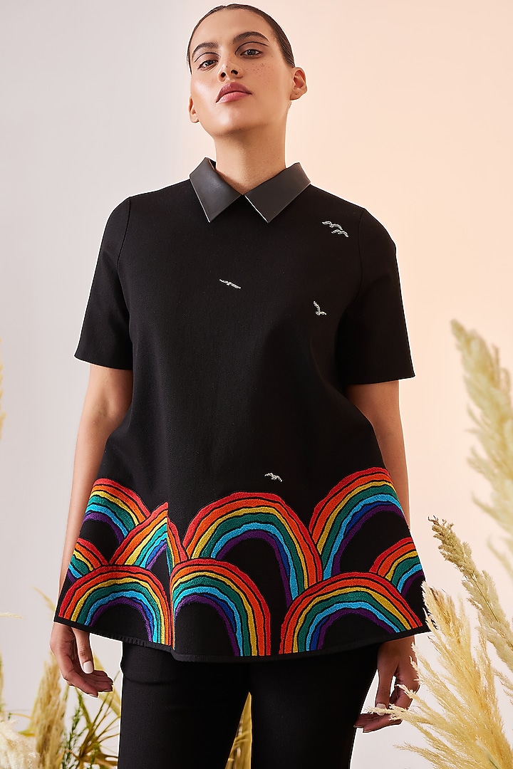 Black Denim Embroidered Top by Shahin Mannan at Pernia's Pop Up Shop