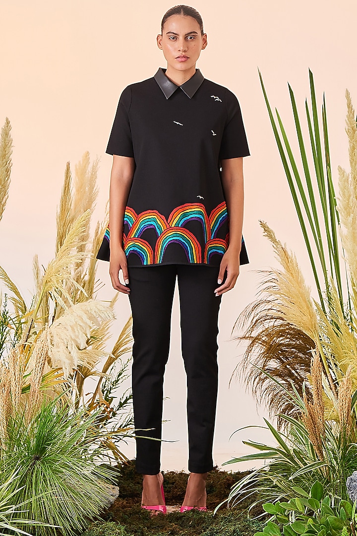 Black Denim Narrow Pants by Shahin Mannan at Pernia's Pop Up Shop