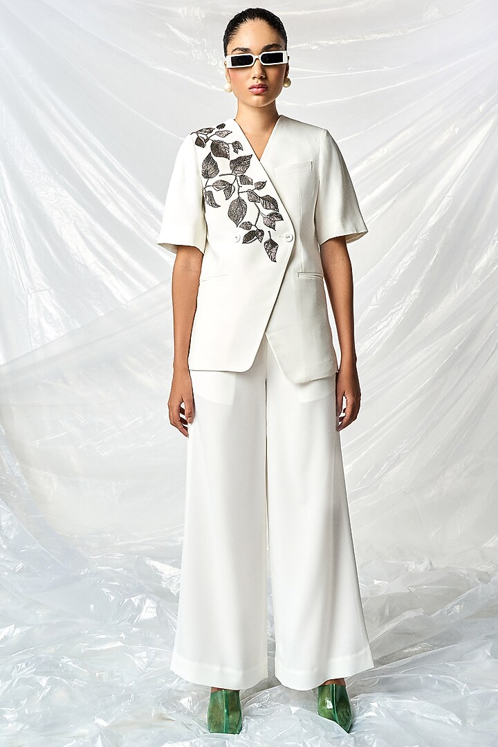 Ivory Satin Crepe Blazer Set by Shahin Mannan at Pernia's Pop Up Shop
