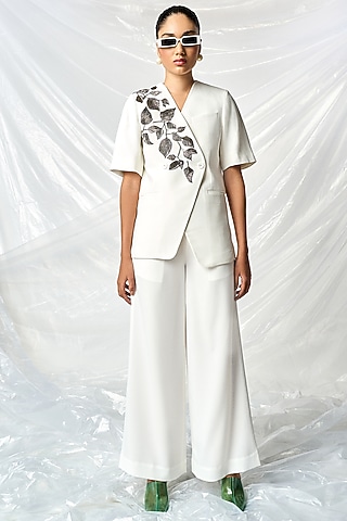 Ivory Satin Crepe Blazer Set by Shahin Mannan