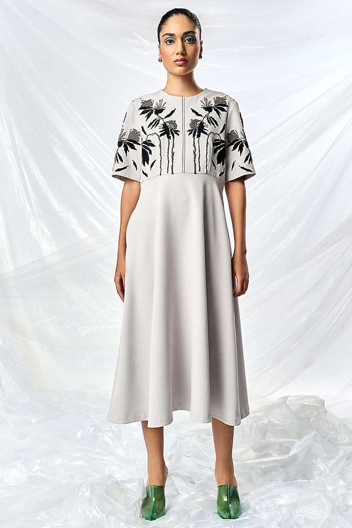 Light Grey Double Crepe Midi Cocktail Dress by Shahin Mannan at Pernia's Pop Up Shop