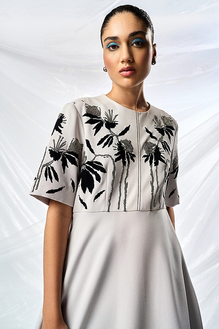 Light Grey Double Crepe Midi Cocktail Dress by Shahin Mannan at Pernia's Pop Up Shop