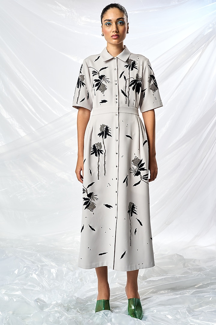 Light Grey Double Crepe Cocktail Dress by Shahin Mannan at Pernia's Pop Up Shop