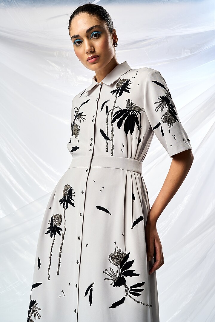 Light Grey Double Crepe Cocktail Dress by Shahin Mannan at Pernia's Pop Up Shop