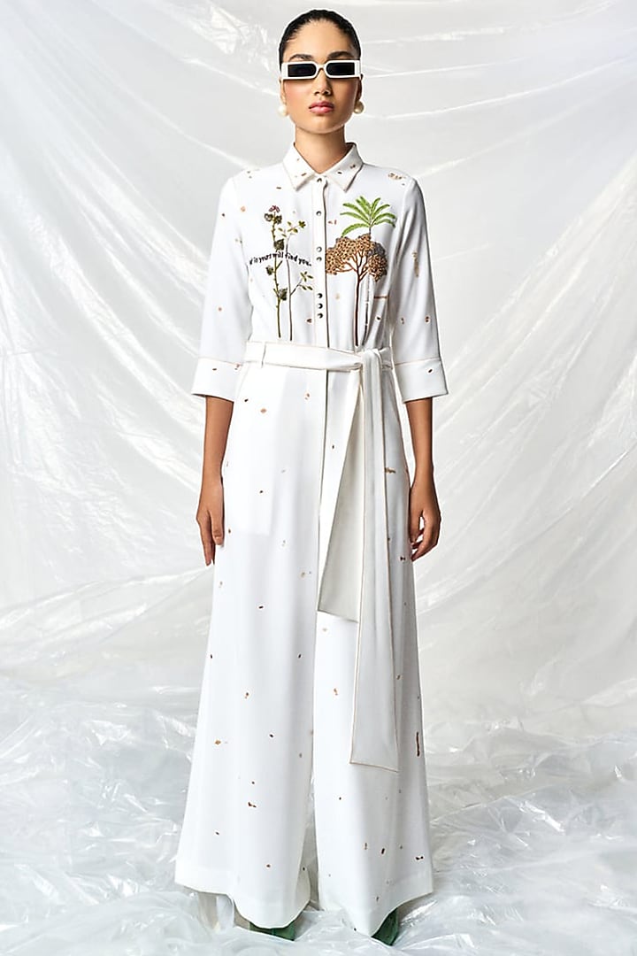 Ivory Japanese Crepe Jumpsuit With Belt by Shahin Mannan at Pernia's Pop Up Shop