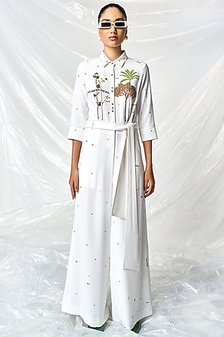 Ivory Japanese Crepe Jumpsuit With Belt by Shahin Mannan