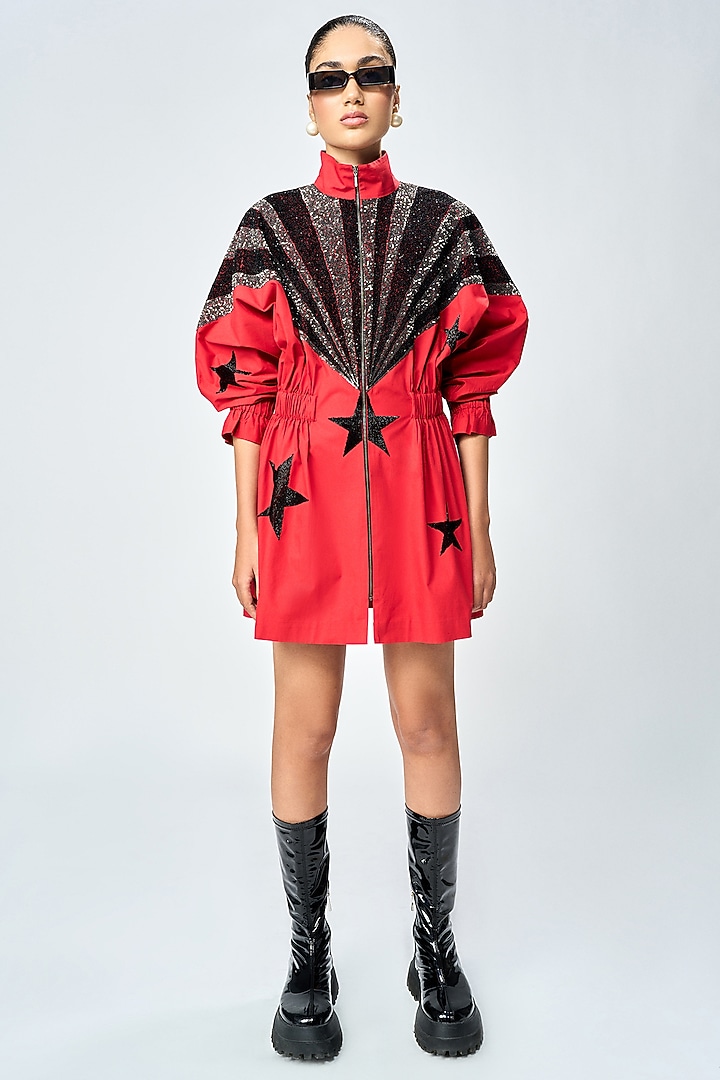 Deep Red Poplin Jacket Cocktail Dress by Shahin Mannan at Pernia's Pop Up Shop