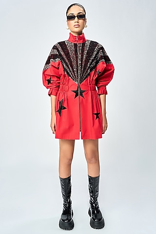 Deep Red Poplin Jacket Dress by Shahin Mannan