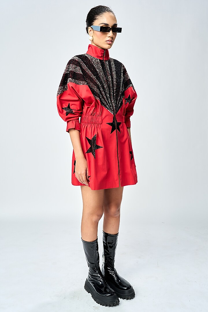 Deep Red Poplin Jacket Cocktail Dress by Shahin Mannan at Pernia's Pop Up Shop