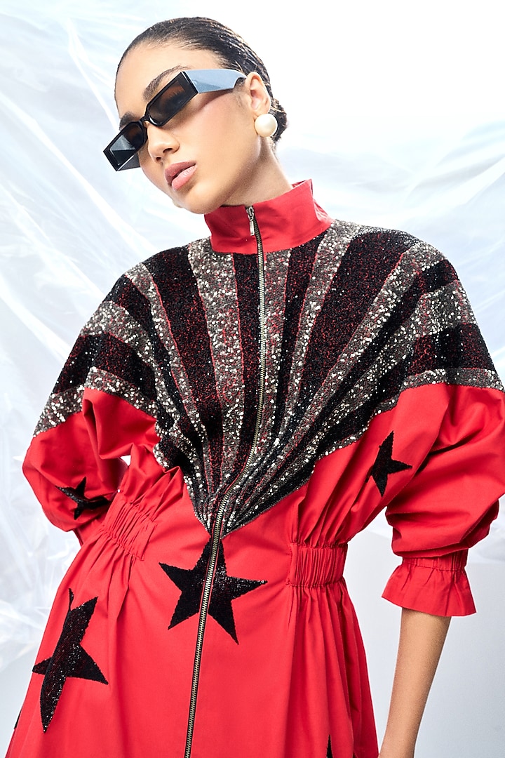 Deep Red Poplin Jacket Cocktail Dress by Shahin Mannan at Pernia's Pop Up Shop