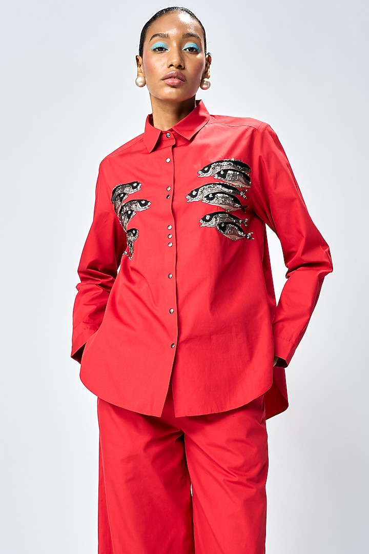 Deep Red Poplin Co-Ord Set by Shahin Mannan at Pernia's Pop Up Shop