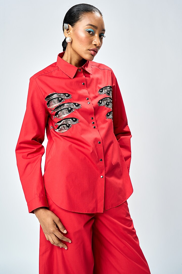 Deep Red Poplin Co-Ord Set by Shahin Mannan at Pernia's Pop Up Shop
