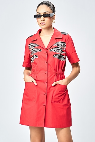 Deep Red Poplin Coat Dress by Shahin Mannan