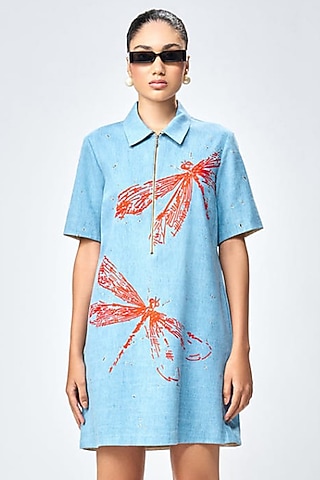 River Blue Denim Mini Shirt Dress by Shahin Mannan