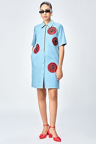 River Blue Denim Mini Shift Dress by Shahin Mannan