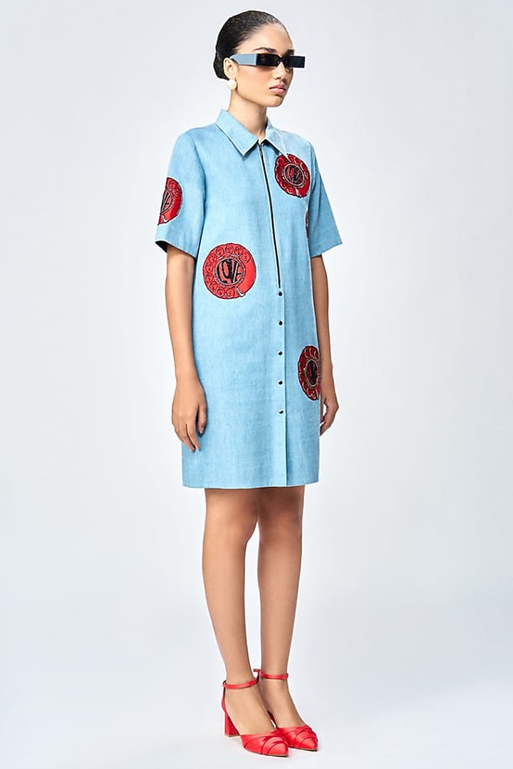 River Blue Denim Mini Shift Vacation Dress by Shahin Mannan at Pernia's Pop Up Shop