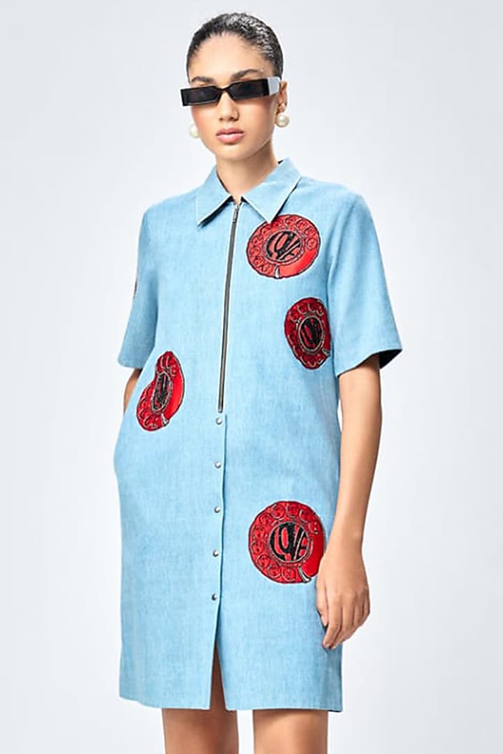River Blue Denim Mini Shift Vacation Dress by Shahin Mannan at Pernia's Pop Up Shop