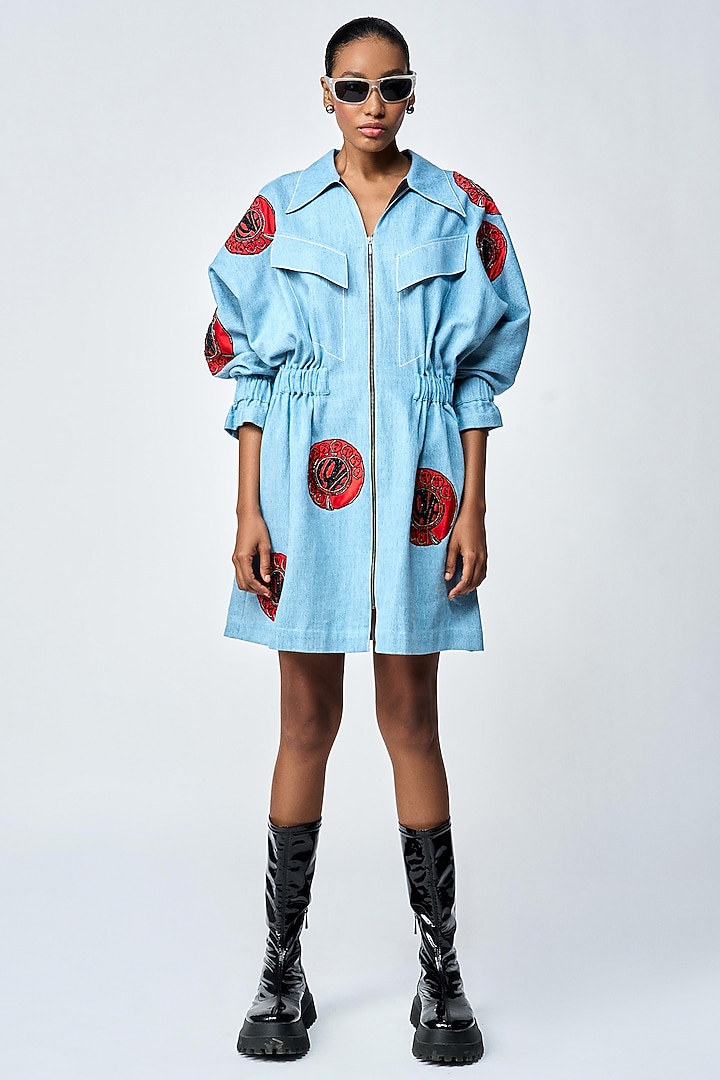 River Blue Denim Jacket Cocktail Dress by Shahin Mannan at Pernia's Pop Up Shop