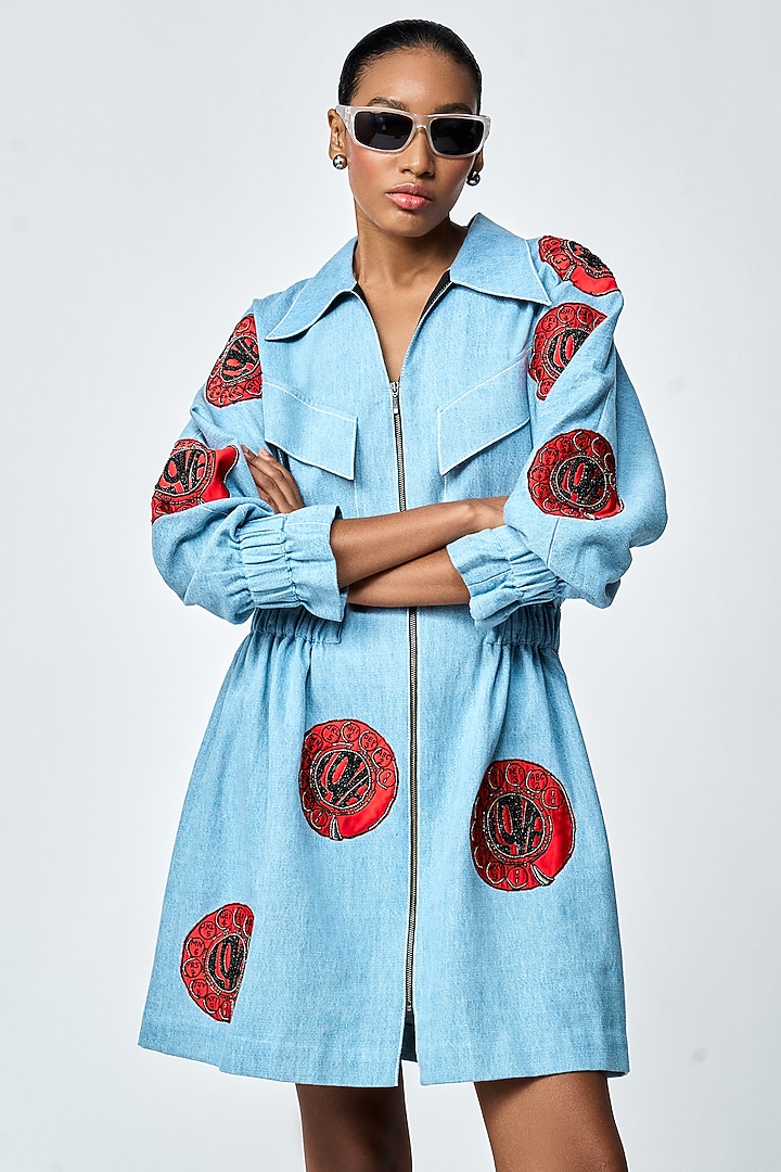 River Blue Denim Jacket Cocktail Dress by Shahin Mannan at Pernia's Pop Up Shop