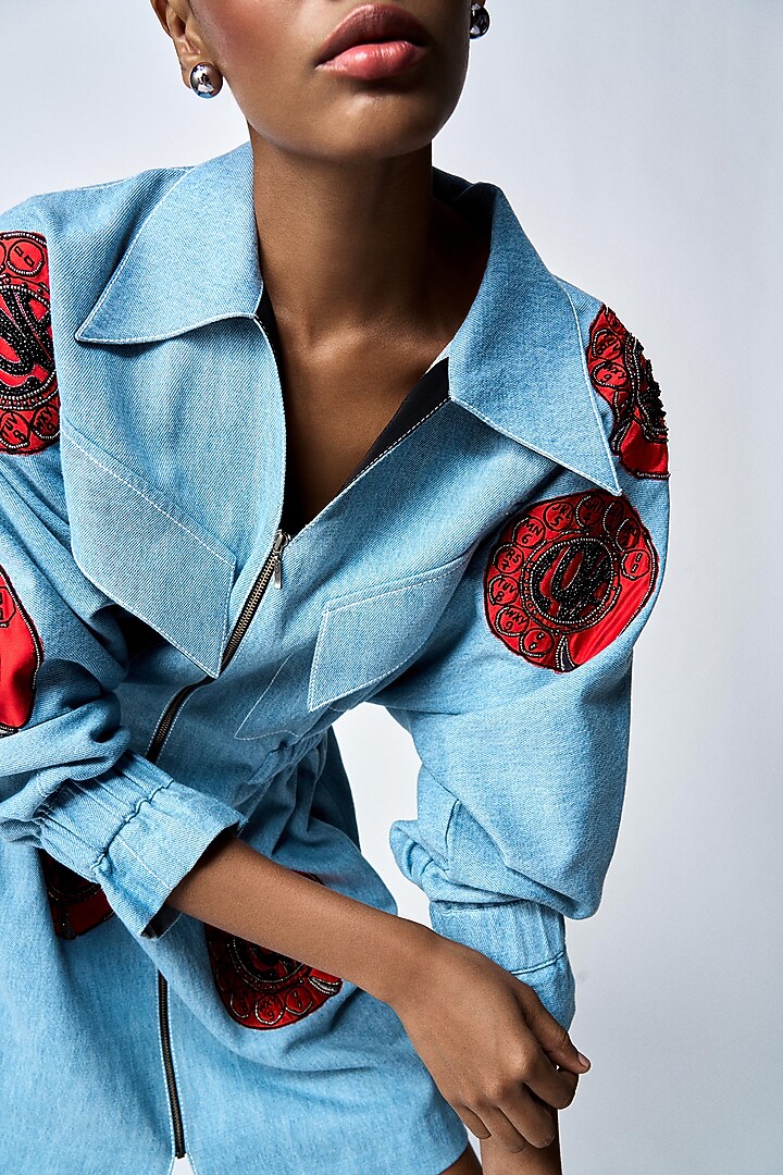 River Blue Denim Jacket Cocktail Dress by Shahin Mannan at Pernia's Pop Up Shop