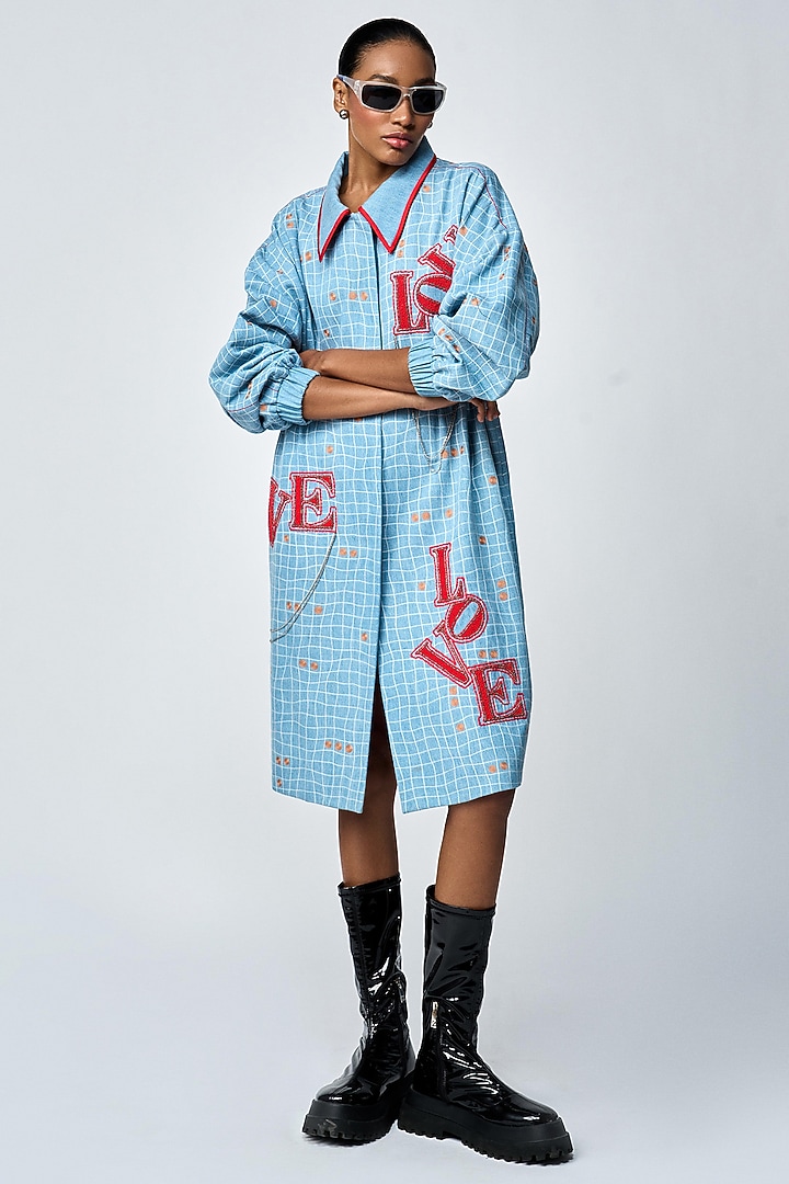 River Blue Denim Love Checkered Cocktail Dress by Shahin Mannan at Pernia's Pop Up Shop