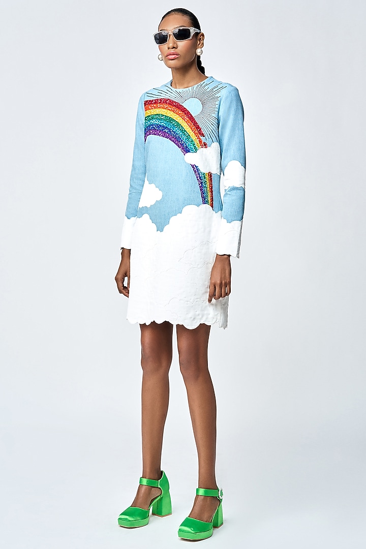 Light Blue Denim Mini Cocktail Dress by Shahin Mannan at Pernia's Pop Up Shop