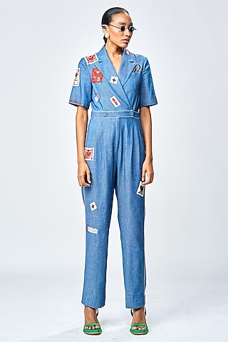 Steel Blue Denim Jumpsuit by Shahin Mannan