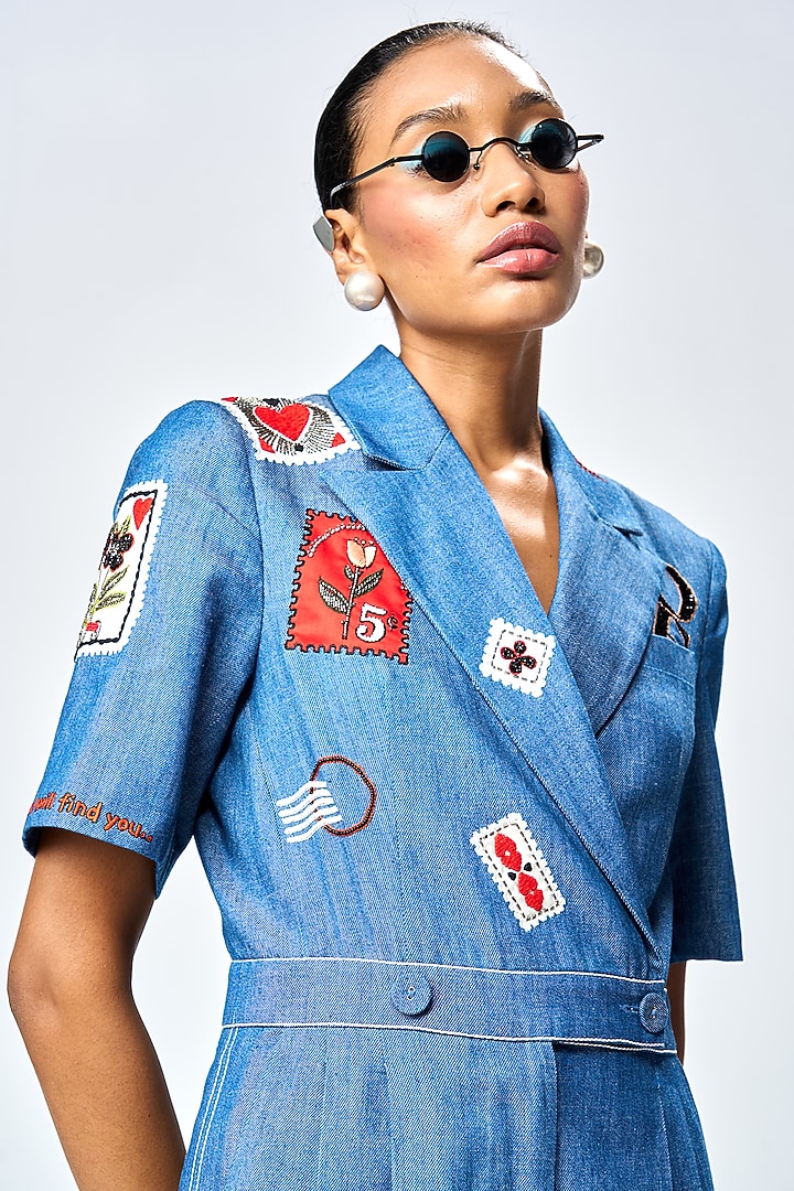 Steel Blue Denim Jumpsuit by Shahin Mannan at Pernia's Pop Up Shop
