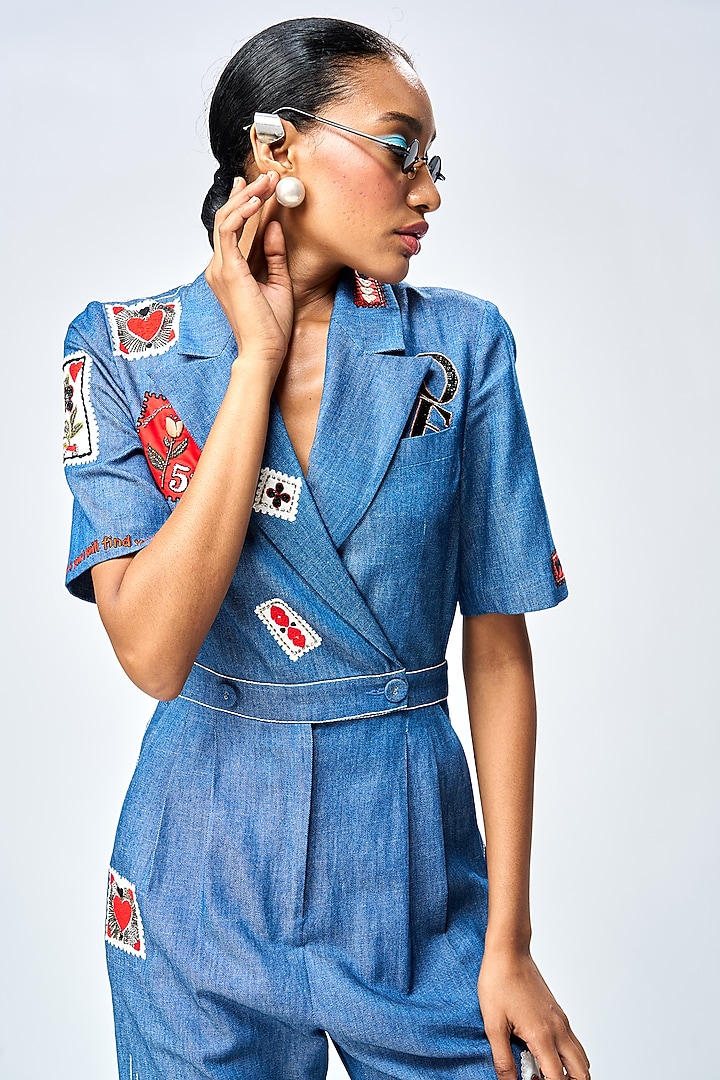 Steel Blue Denim Jumpsuit by Shahin Mannan at Pernia's Pop Up Shop