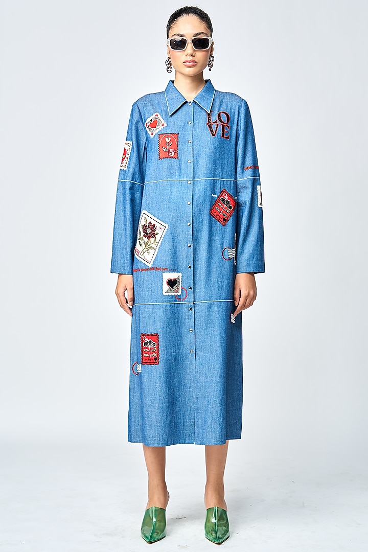 Steel Blue Denim Tiered Cocktail Dress by Shahin Mannan at Pernia's Pop Up Shop