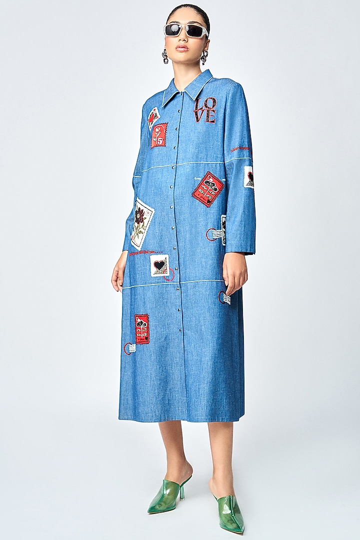 Steel Blue Denim Tiered Cocktail Dress by Shahin Mannan at Pernia's Pop Up Shop