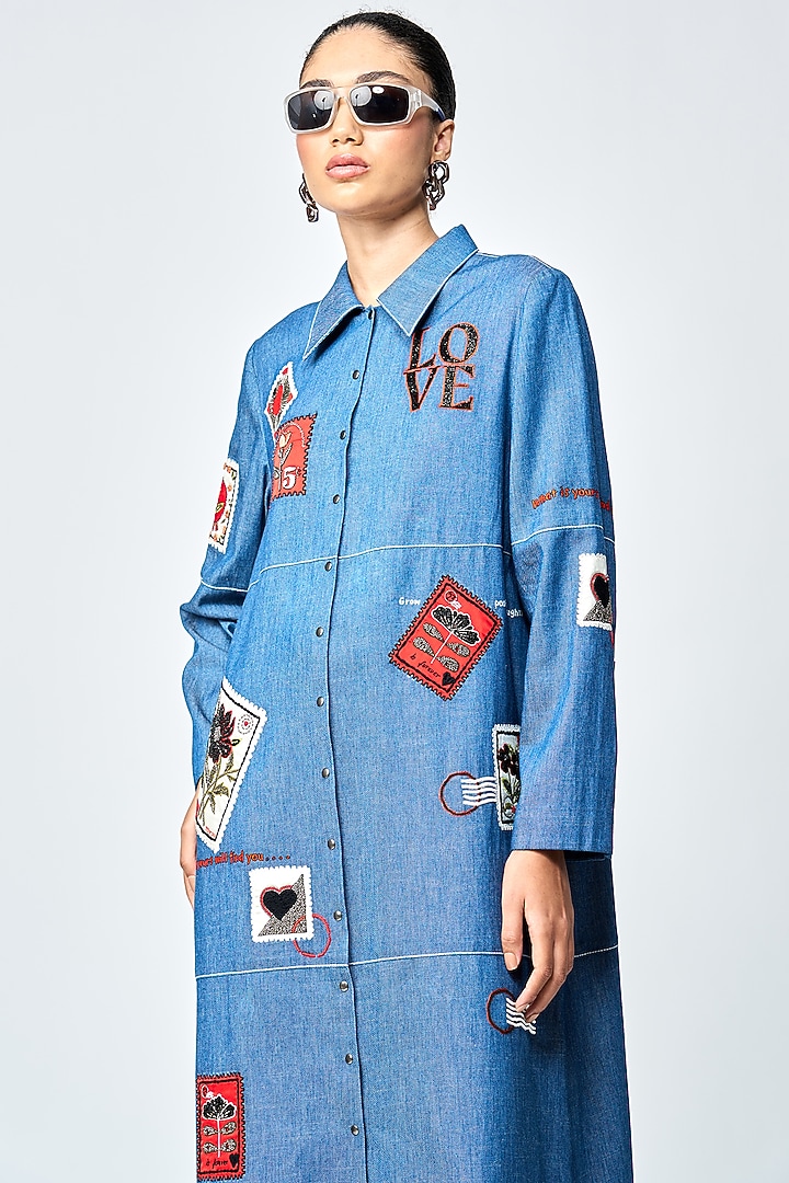 Steel Blue Denim Tiered Cocktail Dress by Shahin Mannan at Pernia's Pop Up Shop