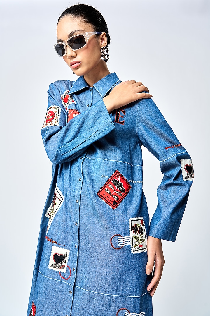 Steel Blue Denim Tiered Cocktail Dress by Shahin Mannan at Pernia's Pop Up Shop