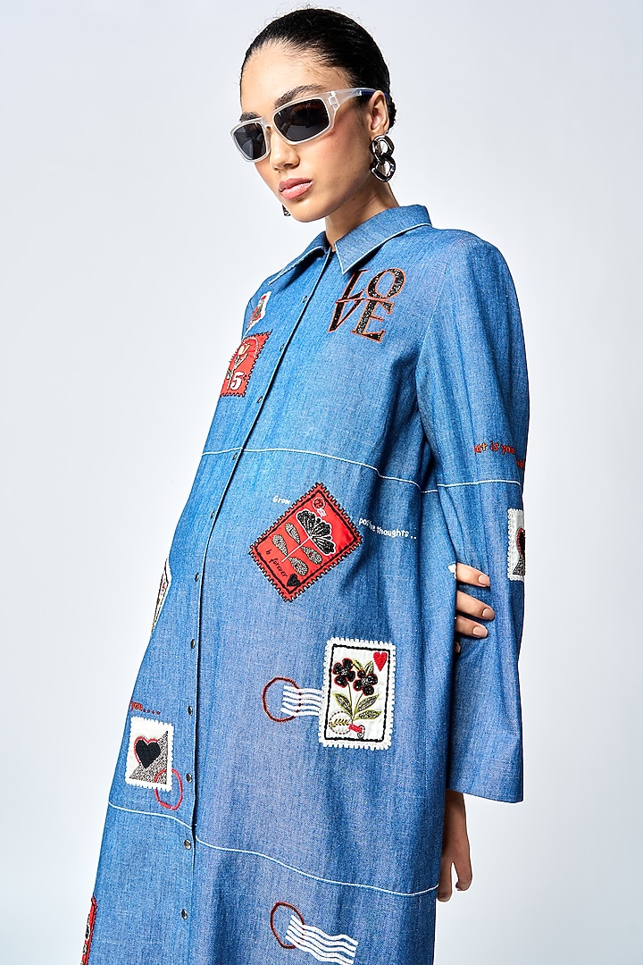 Steel Blue Denim Tiered Cocktail Dress by Shahin Mannan at Pernia's Pop Up Shop