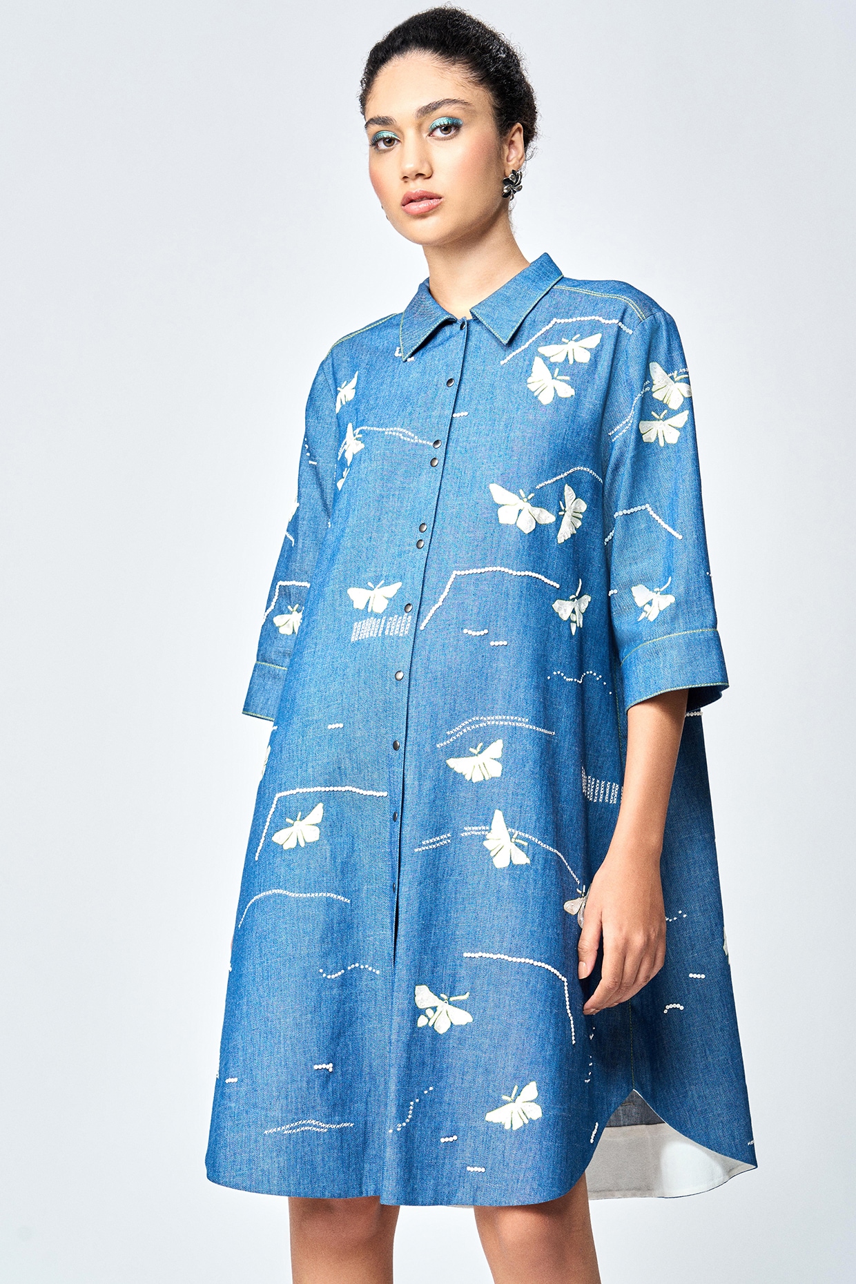 Shahin Mannan Steel Blue Denim A-Line Shirt Dress