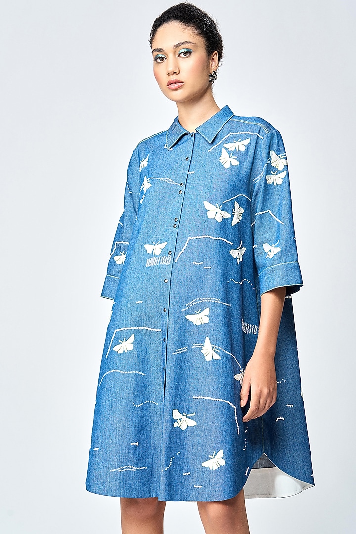 Steel Blue Denim A-Line Shirt Cocktail Dress by Shahin Mannan at Pernia's Pop Up Shop