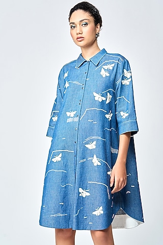 Steel Blue Denim A-Line Shirt Dress by Shahin Mannan