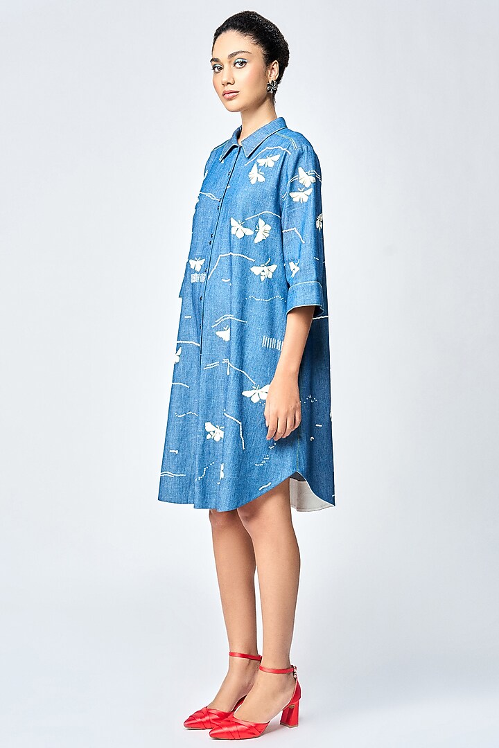 Steel Blue Denim A-Line Shirt Cocktail Dress by Shahin Mannan at Pernia's Pop Up Shop