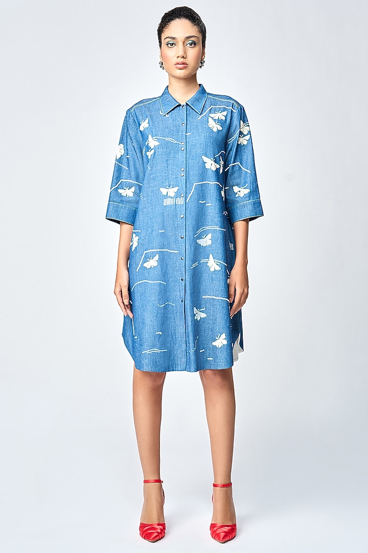 Steel Blue Denim A-Line Shirt Cocktail Dress by Shahin Mannan at Pernia's Pop Up Shop