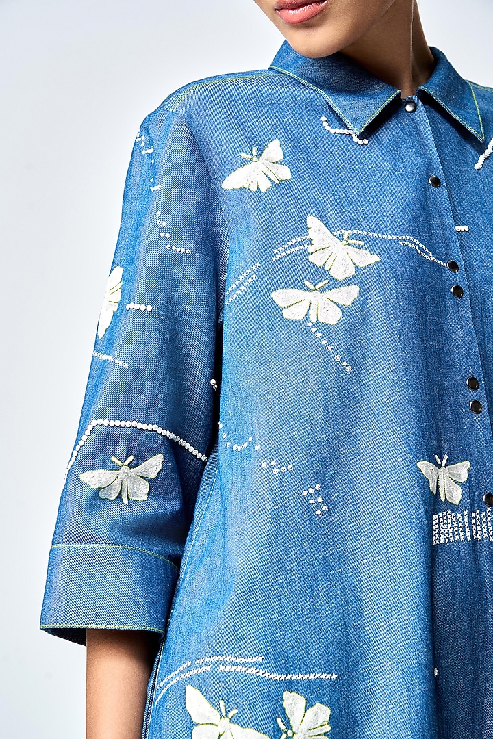 Steel Blue Denim A-Line Shirt Cocktail Dress by Shahin Mannan at Pernia's Pop Up Shop