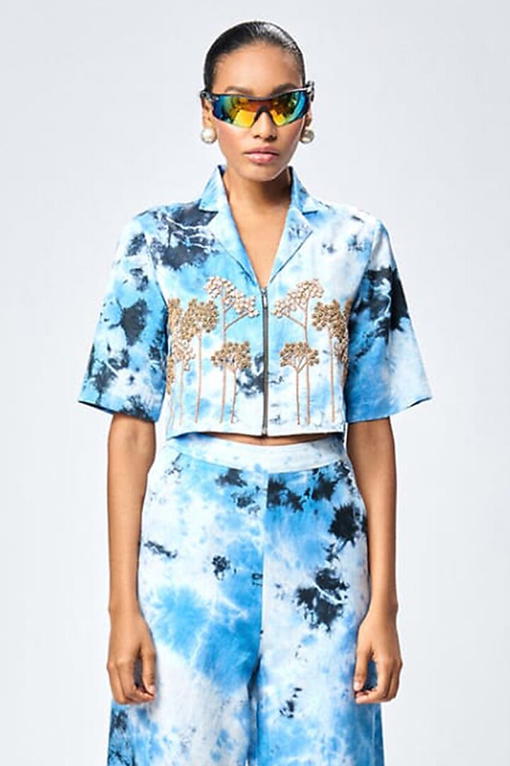 Blue Satin Silk Tie-Dye Printed Co-Ord Set by Shahin Mannan at Pernia's Pop Up Shop