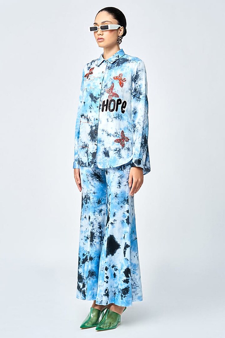 Blue Satin Silk Tie-Dye Printed Co-Ord Set by Shahin Mannan at Pernia's Pop Up Shop