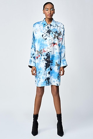 Blue Tie-Dye Satin Silk Oversized Shirt Dress by Shahin Mannan