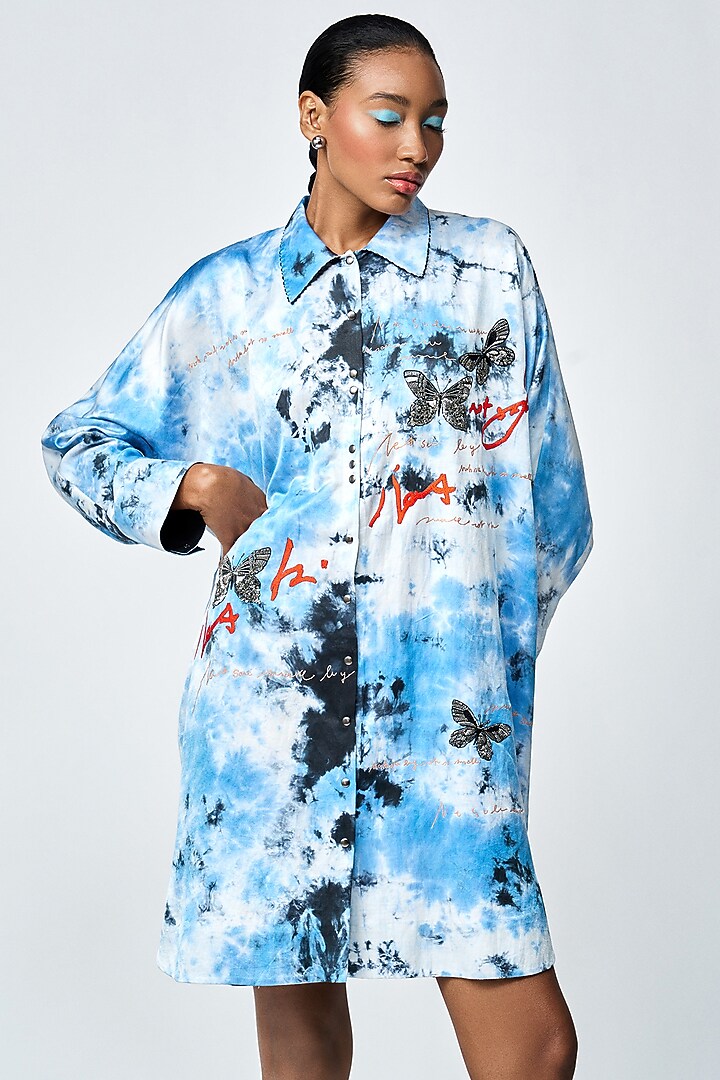 Blue Tie-Dye Satin Silk Oversized Shirt Vacation Dress by Shahin Mannan at Pernia's Pop Up Shop